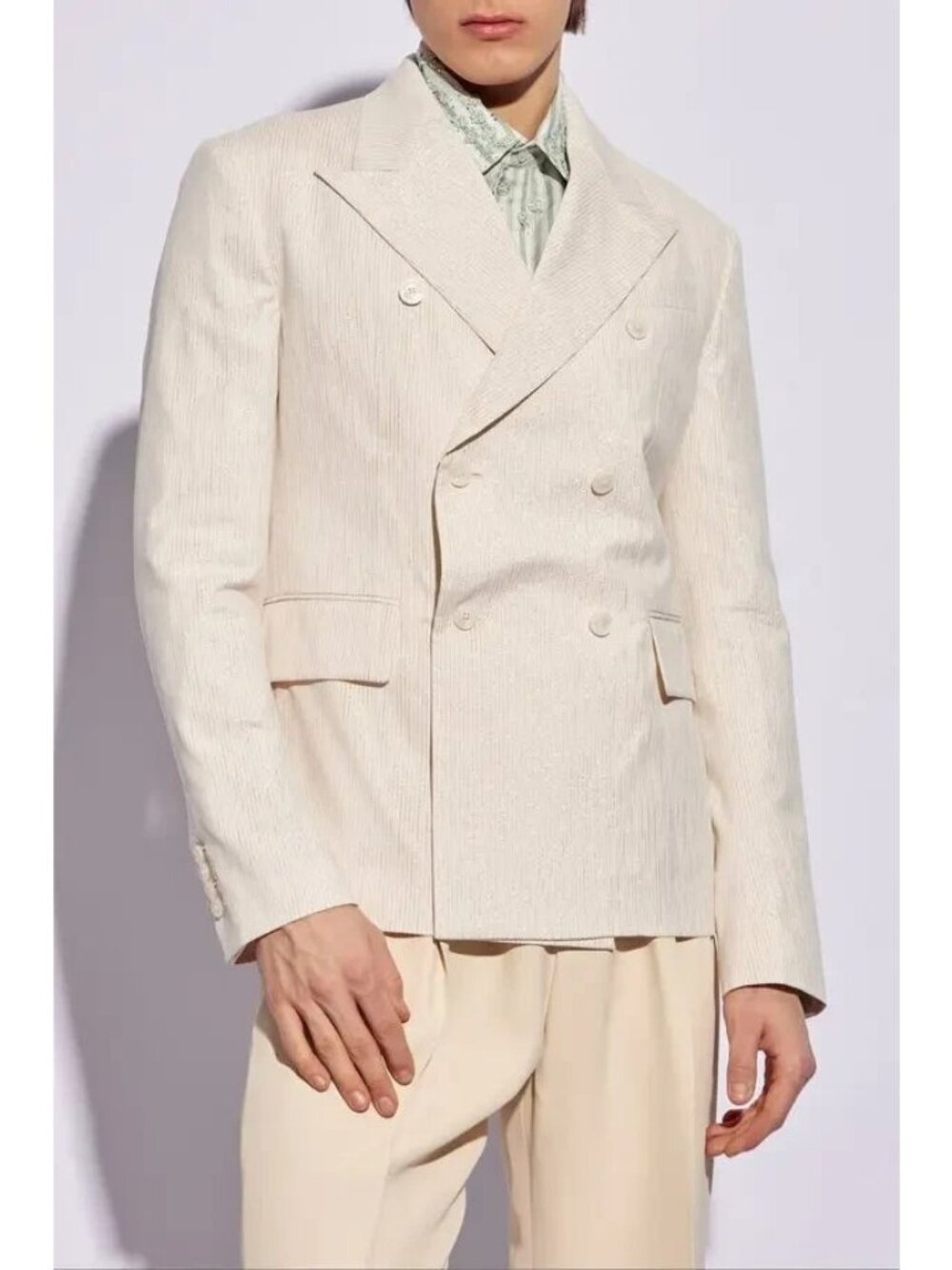 Amiri Cream Metallic Shimmer Stripe Double Breasted Blazer, Size L (50)